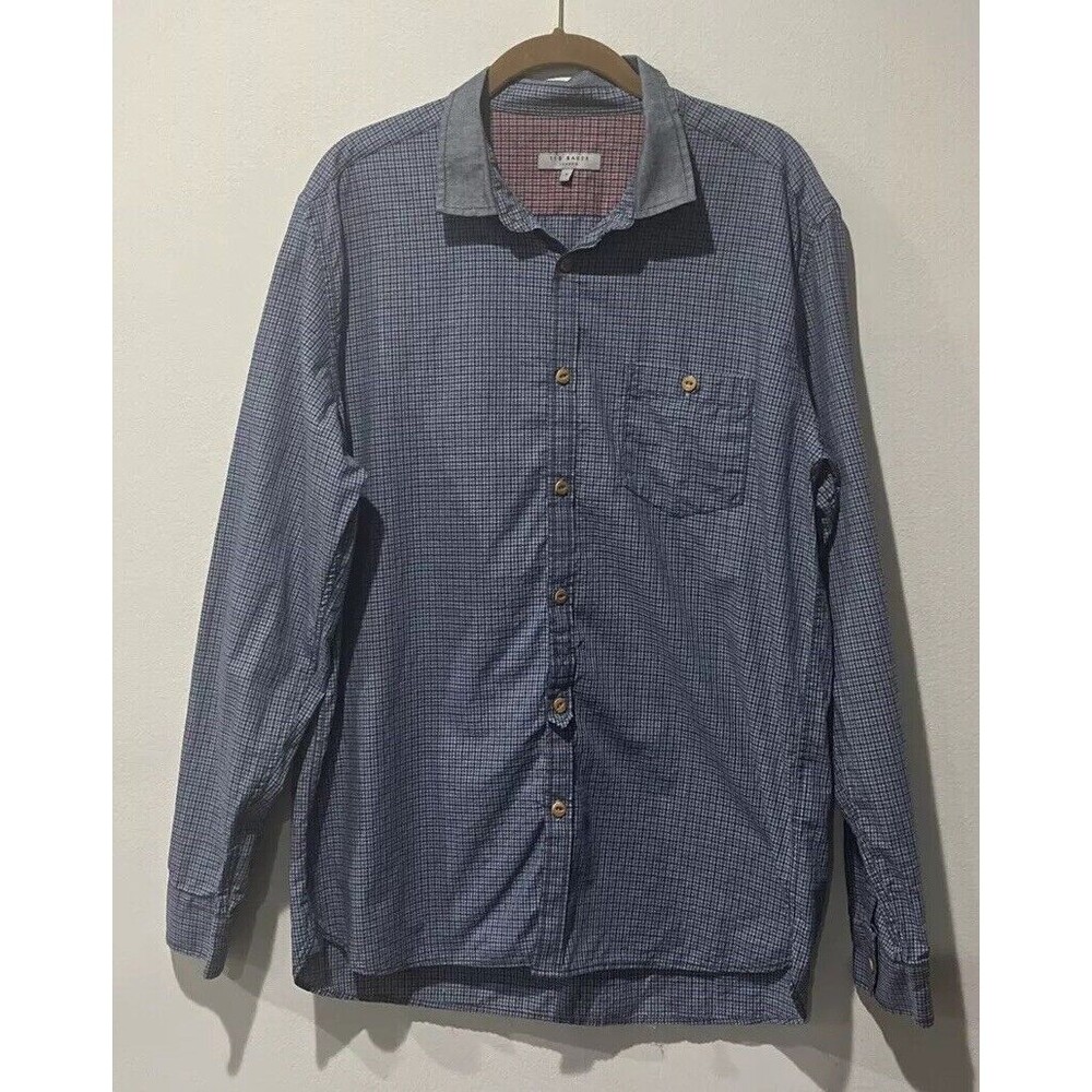 Ted Baker Shirt Mens 5 XL Blue Button Up‎ Gingham Check Chambray Collar Elbow